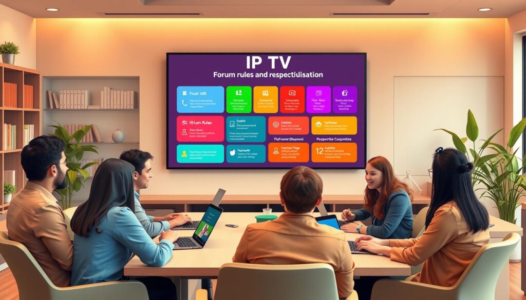 A digital illustration showcasing a forum environment centered on IPTV discussions, featuring an engaging and respectful atmosphere. In the foreground, a diverse group of professionals in modest casual clothing is engaged in friendly conversation, sitting around a modern conference table with laptops and tablets displaying IPTV content. In the middle ground, a large wall-mounted screen displays a colorful infographic on forum rules and respectful communication, emphasizing collaboration and safety. The background features soft-focus elements, such as bookshelves filled with technology literature and plants, creating a warm and inviting office space. The image should have warm lighting, reminiscent of a productive workplace, with a slight angle from above, providing a dynamic view. The mood conveys a sense of community and mutual respect.