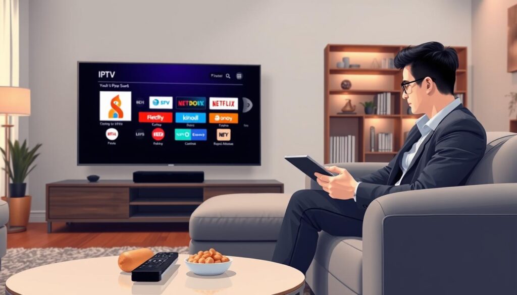 A digital illustration showing a modern living room setup featuring a sleek TV displaying an IPTV interface with various channel icons arranged attractively. In the foreground, there is a stylish coffee table with a remote control and snacks, creating a cozy atmosphere. The middle section of the image highlights a comfortable sofa with a person dressed in smart casual clothing, focused on the screen while taking notes on a tablet, reflecting deep concentration. The background features soft ambient lighting, casting a warm glow in the room, with shelves adorned with books and decorative items. The overall mood is relaxed yet engaged, embodying a blend of home entertainment and technological sophistication in the realm of IPTV quality and channel variety.