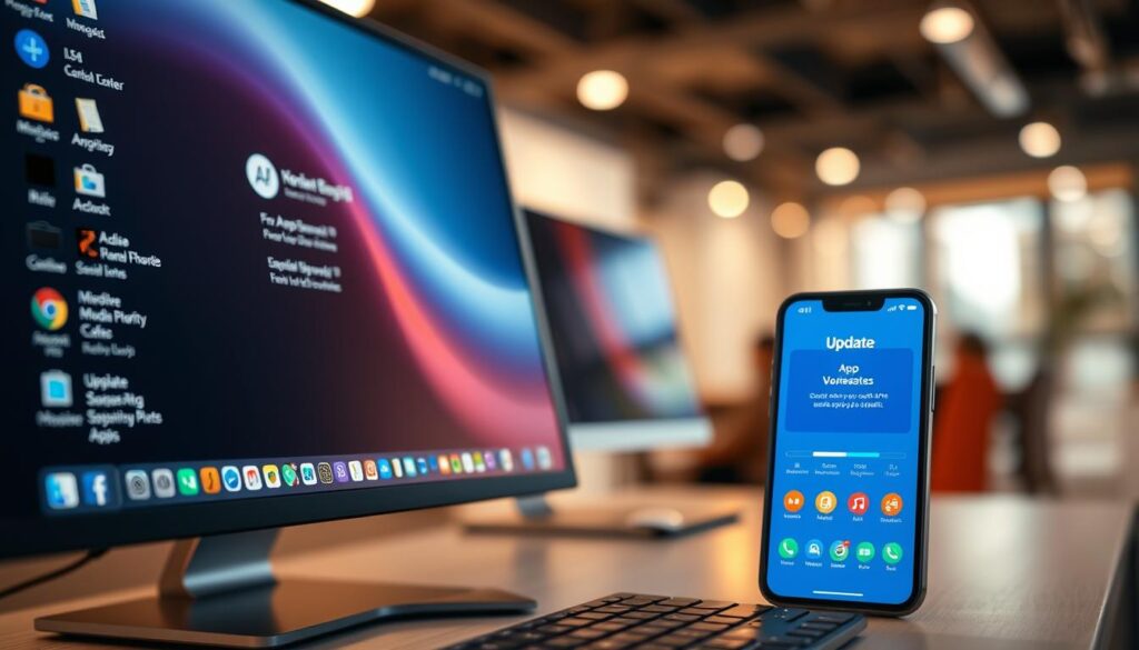 A digital workspace displaying a close-up view of various app versions and updates on a sleek, modern computer screen. The foreground features a desktop interface with icons and notifications for different software updates, illustrating a sense of organization and efficiency. In the middle ground, blurred elements include a smartphone displaying the app interface, showcasing a clean design with vibrant icons and an update progress bar. The background features soft bokeh effects of an office environment, illuminated by warm, natural lighting to create a professional yet inviting atmosphere. The mood conveys productivity and anticipation, focusing on technology and compatibility in app development, with no text or overlays present.