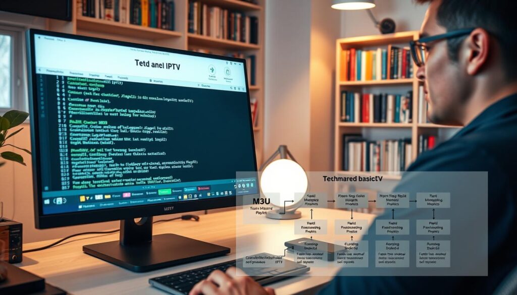 A digital workspace featuring a sleek, modern computer setup displaying M3U and M3U8 playlist code on the screen. In the foreground, a professional in smart casual attire is focused on analyzing the playlist structure. The midground includes a detailed diagram of the technical basics of IPTV, with labeled sections highlighting streaming protocols and file formats. The background shows a softly lit tech-themed office with shelves filled with books on digital media and technology. Lighting is warm and inviting, creating a productive atmosphere. The camera angle is slightly above eye level, giving a clear view of the screen and the workspace, emphasizing a sense of innovation and professionalism in the field of IPTV. A digital workspace featuring a sleek, modern computer setup displaying M3U and M3U8 playlist code on the screen. In the foreground, a professional in smart casual attire is focused on analyzing the playlist structure. The midground includes a detailed diagram of the technical basics of IPTV, with labeled sections highlighting streaming protocols and file formats. The background shows a softly lit tech-themed office with shelves filled with books on digital media and technology. Lighting is warm and inviting, creating a productive atmosphere. The camera angle is slightly above eye level, giving a clear view of the screen and the workspace, emphasizing a sense of innovation and professionalism in the field of IPTV.