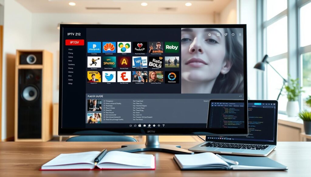 A digital workspace illustrating the concept of "IPTV M3U Playlist Guide Deutschland." In the foreground, a sleek computer screen displays an open media player with a vibrant graphical user interface showcasing multiple IPTV channels and playlists. Lively icons represent various genres like sports, movies, and news. The middle layer features a stylish desk with notebooks and a laptop displaying code snippets for playlist editing, emphasizing a tech-savvy atmosphere. In the background, a modern office environment with soft natural light filtering through a window creates a warm and inviting mood. The lighting is balanced, highlighting the details of the equipment while maintaining a professional feel. The image avoids any text or branding, focusing solely on the visual representation of IPTV playlist management. A digital workspace illustrating the concept of "IPTV M3U Playlist Guide Deutschland." In the foreground, a sleek computer screen displays an open media player with a vibrant graphical user interface showcasing multiple IPTV channels and playlists. Lively icons represent various genres like sports, movies, and news. The middle layer features a stylish desk with notebooks and a laptop displaying code snippets for playlist editing, emphasizing a tech-savvy atmosphere. In the background, a modern office environment with soft natural light filtering through a window creates a warm and inviting mood. The lighting is balanced, highlighting the details of the equipment while maintaining a professional feel. The image avoids any text or branding, focusing solely on the visual representation of IPTV playlist management.
