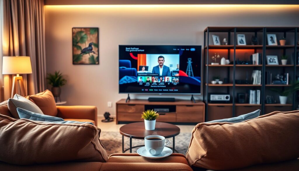 A dynamic living room scene showcasing a modern setup for streaming IPTV. In the foreground, a sleek flat-screen TV displays a high-definition image of a German television show, capturing vivid colors and sharp details indicative of high streaming quality. A cozy sofa upholstered in warm tones invites viewers to relax, while a small coffee table with a steaming cup of coffee sits nearby. In the middle ground, soft ambient lighting casts a welcoming glow, enhancing the comfortable atmosphere. The background features a stylish bookshelf with various media devices and decorative items, further emphasizing a tech-savvy environment. The overall mood is relaxed and inviting, highlighting a positive user experience with Horizon IPTV. Shot at eye level to create an engaging perspective.