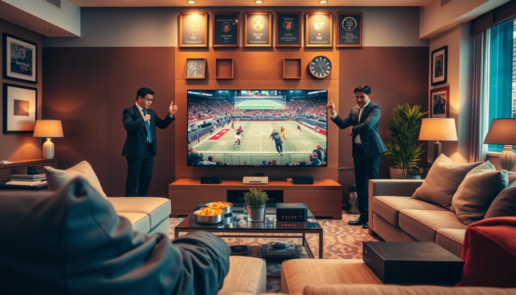 A dynamic scene showcasing a modern IPTV setup for sports and entertainment. In the foreground, a sleek television displaying a vibrant sports match, with enthusiastic viewers in professional business attire, immersed in the experience. The middle ground features stylish furniture, a coffee table with snacks, and advanced streaming devices, symbolizing a rich entertainment environment. In the background, a cozy living room atmosphere bathed in warm lighting, with framed sports posters and accolades. The angle should emphasize the engagement of the viewers and the clarity of the IPTV display, creating an energetic yet enjoyable mood. Aim for sharp detail, vivid colors, and a well-composed layout that invites the viewer into the scene.