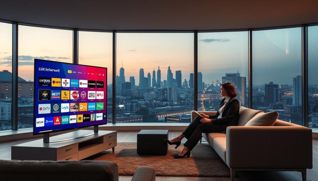 A dynamic visualization of "lux iptv Senderwelt," showcasing the diverse range of channels offered by lux iptv from Germany to international horizons. In the foreground, depict a sleek modern television displaying a vibrant interface filled with colorful channel icons representing various genres and countries. The middle ground features stylish individuals in professional attire seated comfortably on a contemporary sofa, engaged with the TV. In the background, large panoramic windows reveal a scenic urban skyline, suggesting a global connection. Soft evening lighting enhances the cozy atmosphere, while a slightly angled perspective adds depth. The mood is inviting and engaging, reflecting the excitement of exploring a world of entertainment options through lux iptv. A dynamic visualization of "lux iptv Senderwelt," showcasing the diverse range of channels offered by lux iptv from Germany to international horizons. In the foreground, depict a sleek modern television displaying a vibrant interface filled with colorful channel icons representing various genres and countries. The middle ground features stylish individuals in professional attire seated comfortably on a contemporary sofa, engaged with the TV. In the background, large panoramic windows reveal a scenic urban skyline, suggesting a global connection. Soft evening lighting enhances the cozy atmosphere, while a slightly angled perspective adds depth. The mood is inviting and engaging, reflecting the excitement of exploring a world of entertainment options through lux iptv.