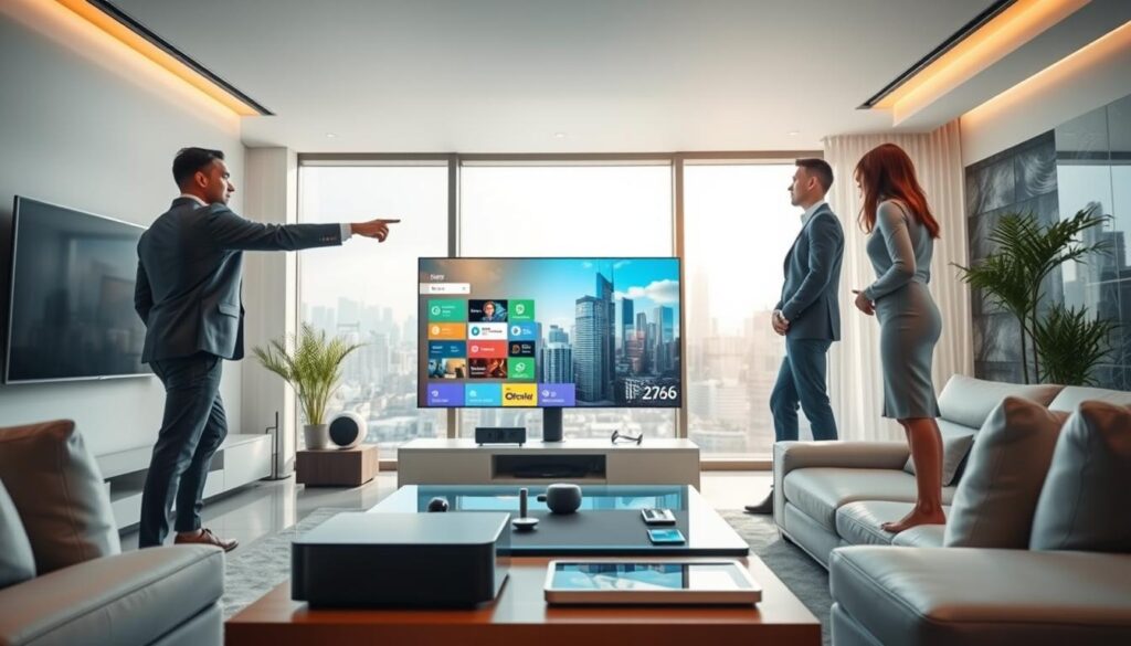 A futuristic living room with a sleek, modern design featuring a large flat-screen TV displaying a vibrant interface of IPTV services. In the foreground, a diverse group of three professionals, dressed in smart business attire, engage in a discussion while pointing at the screen. In the middle, there are advanced streaming devices and a stylish coffee table with the latest technology gadgets. In the background, a window showcases a modern city skyline under a bright, clear sky, symbolizing innovation. Soft, ambient lighting enhances the professional and progressive atmosphere of the scene. Capture a dynamic angle that emphasizes interaction and engagement, reflecting the trends and developments in IPTV services for 2026.