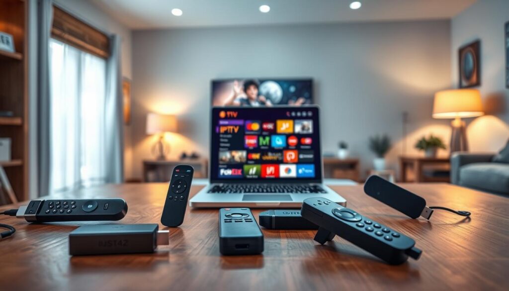A high-quality digital illustration featuring various types of TV sticks arranged on a sleek, modern wooden table. In the foreground, showcase a few distinct models of TV sticks, each with unique designs and colors, reflecting their IPTV functionality. The middle layer should include an open laptop displaying a streaming interface, indicating the connection to IPTV services. In the background, depict a cozy living room setting with a television mounted on the wall, softly illuminated by warm ambient lighting. Capture a welcoming atmosphere, emphasizing the convenience of modern home entertainment. Use a shallow depth of field to blur the background slightly, drawing focus to the TV sticks and the laptop while ensuring professional presentation and clarity.