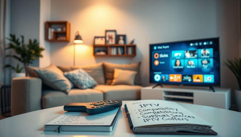 A high-tech living room scene showcasing an IPTV player interface on a sleek modern TV screen, set against a cozy home environment. In the foreground, a stylish coffee table holds a remote control and a notebook filled with notes on IPTV compatibility and support services. In the middle, a plush sofa with casual pillows invites you to relax while streaming. The background features a wall shelf with books about technology and IPTV, along with ambient lighting creating a warm, inviting atmosphere. The room is bathed in soft, diffused light from a nearby window, enhancing the feeling of comfort and modernity. This scene embodies the essence of IPTV users in Germany, emphasizing compatibility, support, and additional offers.