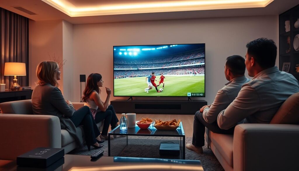 A high-tech living room setting featuring a large, ultra-HD television displaying vibrant, crystal-clear images during a live soccer match. In the foreground, a sleek coffee table hosts a remote control and snacks, while a family of four, dressed in smart casual clothing, watches intently with engaged expressions. The middle ground showcases a plush sofa, elegantly arranged, and ambient lighting casts a warm glow across the room, highlighting the television screen's impressive picture quality. The background reveals a modern decor with subtle tech accents, such as a soundbar and streaming device, emphasizing the advanced performance of my iptv.app. The mood is one of excitement and enjoyment, conveying a premium viewing experience. The image should capture the essence of performance and picture quality in a polished and inviting atmosphere.