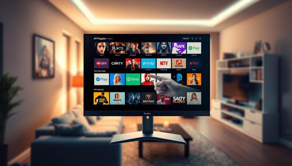 A high-tech, visually engaging collage representing "IPTV M3U Playlist Guide Deutschland." In the foreground, a sleek computer screen displays a vivid IPTV interface filled with colorful channel icons, illustrating various TV shows and movies. The middle layer features a stylized hand pointing towards the screen, showcasing interaction with the IPTV system. In the background, a modern living room, bathed in warm ambient light, includes a comfortable couch and a stylish home entertainment center. The scene captures a cozy atmosphere, portraying a family-friendly viewing space. Use soft focus for the background elements to highlight the IPTV screen, creating an inviting mood that conveys a sense of modern convenience. Consider a slight overhead angle to emphasize the user experience. A high-tech, visually engaging collage representing "IPTV M3U Playlist Guide Deutschland." In the foreground, a sleek computer screen displays a vivid IPTV interface filled with colorful channel icons, illustrating various TV shows and movies. The middle layer features a stylized hand pointing towards the screen, showcasing interaction with the IPTV system. In the background, a modern living room, bathed in warm ambient light, includes a comfortable couch and a stylish home entertainment center. The scene captures a cozy atmosphere, portraying a family-friendly viewing space. Use soft focus for the background elements to highlight the IPTV screen, creating an inviting mood that conveys a sense of modern convenience. Consider a slight overhead angle to emphasize the user experience.