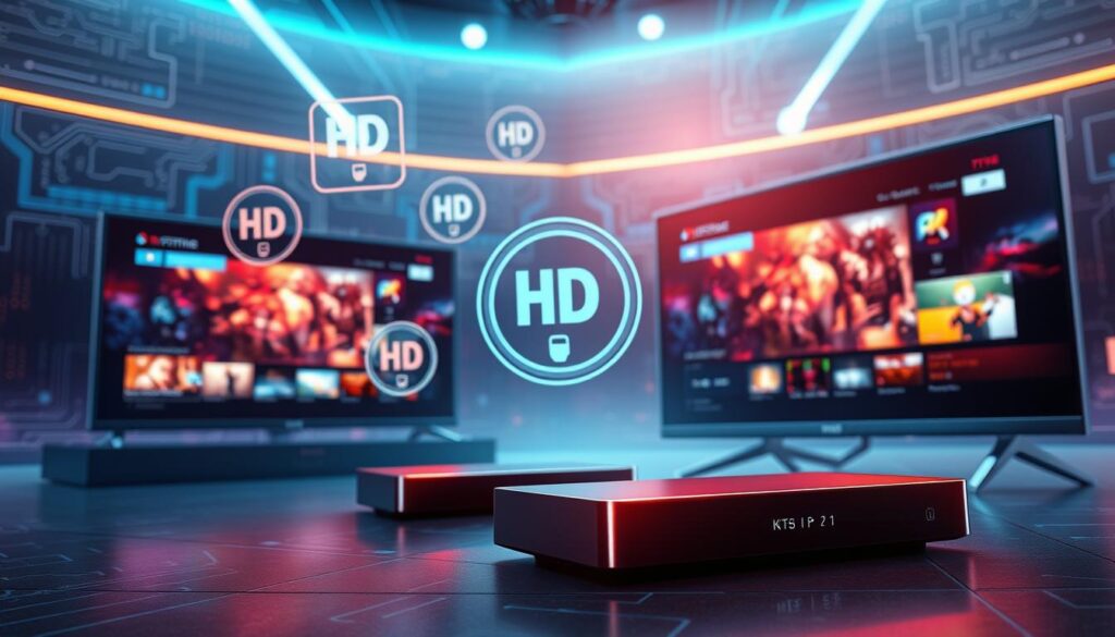 A high-tech, visually engaging illustration showcasing the technical features of Xtreme IPTV. In the foreground, display sleek devices like a smart TV and streaming box, elegantly designed with illuminated screens showing vibrant, high-definition content. In the middle ground, incorporate abstract representations of streaming technologies, such as HD quality icons and signal waves, floating around the devices. The background should be a modern, digital-themed space with subtle circuitry patterns and binary code, enhancing the tech ambiance. Use dramatic lighting from the devices to create a futuristic glow, captured from a slight low-angle view to add depth. The overall atmosphere should be innovative and inspiring, appealing to tech-savvy users who appreciate advanced IPTV features.