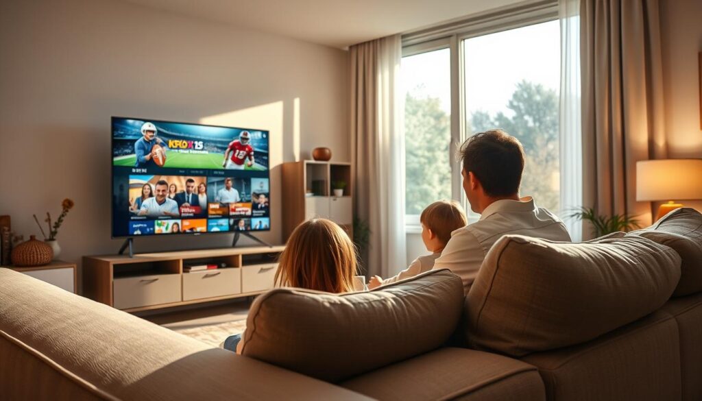 A home entertainment scene depicting the advantages of IPTV Vodafone for an enhanced television experience. In the foreground, a modern living room with a comfortable couch and a sleek television displaying vivid, high-definition content. The middle layer includes a family engrossed in watching a diverse range of channels, showcasing a mix of sports, news, and movies, illustrating variety and accessibility. The background features a stylish decor with ambient lighting, creating a cozy atmosphere. A bright window partly reveals a sunny day outside, symbolizing connectivity and joy. Soft shadows enhance the depth of the scene. The overall mood should convey excitement and comfort, highlighting the benefits of IPTV.