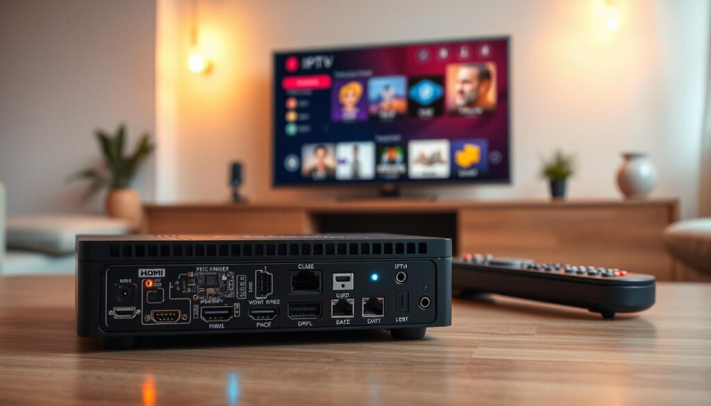 A modern Android IPTV box featuring intricate technical components, placed on a sleek wooden table in a softly lit room. In the foreground, a close-up view shows the box's ports and indicator lights, emphasizing its connectivity options such as HDMI, USB, and Ethernet. The middle ground reveals a well-organized setup with a remote control and an elegant flat-screen TV displaying a vibrant user interface. In the background, softly diffused ambient lighting creates a cozy atmosphere, lending a sense of innovation and sophistication. The color palette features warm tones to enhance the inviting mood, highlighting the technological essence of IPTV systems for users. The scene is captured from a slightly elevated angle, focusing on the IPTV box's sleek design and functionality.