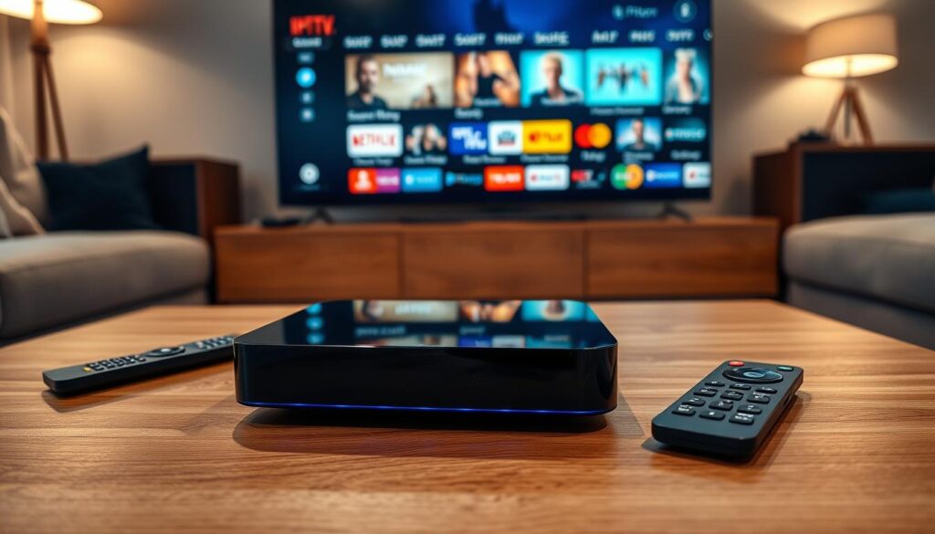 A modern IPTV TV box elegantly placed on a sleek wooden coffee table, surrounded by remote controls and a cozy living room setting. The box has a glossy black finish with LED lights subtly illuminating its edges. In the background, a large flat-screen TV displays a vibrant streaming interface featuring popular German streaming services. Soft, warm lighting fills the room, creating a welcoming atmosphere. The angle captures the perspective from a seated position on a plush couch, emphasizing a sense of comfort and entertainment. No people are present, ensuring a focus on the IPTV box and the technology it represents. The overall mood is inviting and contemporary, reflecting the advancements in home entertainment for 2026.