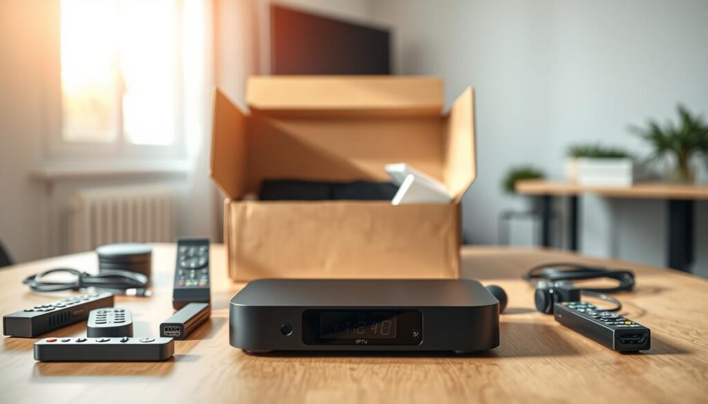A modern IPTV box prominently displayed in the foreground, sleek and stylish with a matte black finish, surrounded by various accessories such as remote controls and cables. In the middle ground, a neatly organized shipping box partially open, revealing cushioning material and the IPTV box inside, all set on a clean wooden table. The background features a soft-focus, minimalistic office environment with warm daylight streaming through a window, creating a bright and inviting atmosphere. The scene communicates efficiency and reliability, suggesting a fast and secure purchase experience. Capture the image with a slight overhead angle using soft, natural lighting to emphasize the textures and details of the products. The mood should be professional yet approachable, suitable for an informative article.