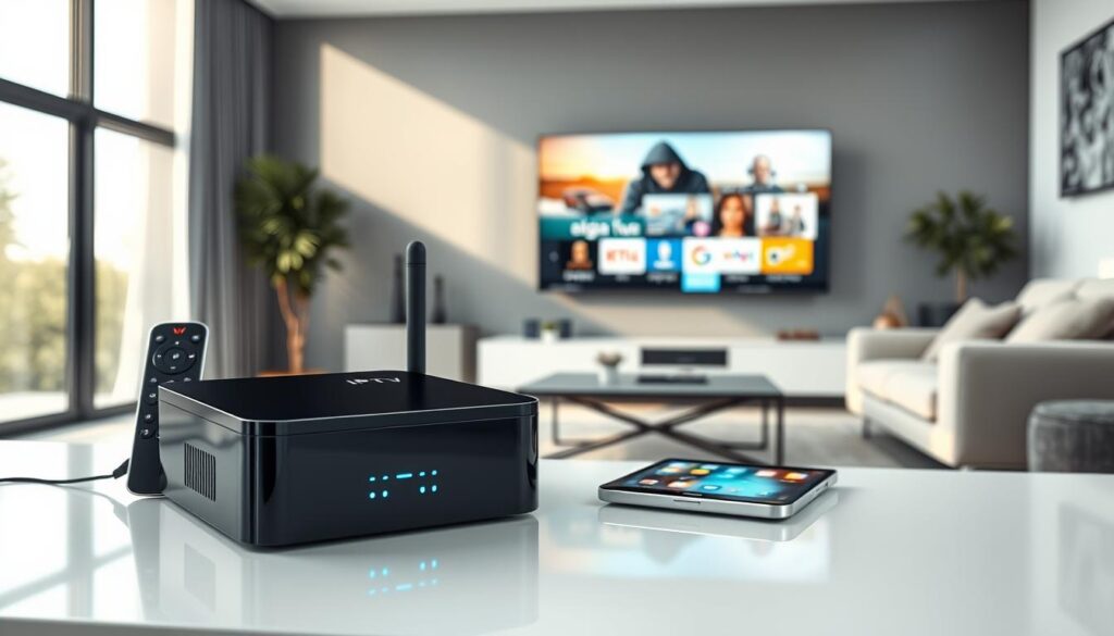 A modern IPTV device in a sleek, high-tech living room setting. In the foreground, prominently display an Android IPTV box with a shiny black finish and illuminated LED indicators. Surround it with various smart gadgets like a remote control, a tablet, and a modern flat-screen TV showcasing vibrant streaming content. In the middle ground, include a stylish coffee table and comfortable seating. The background features a bright, contemporary interior design filled with soft natural light streaming through large windows. Use a wide-angle lens effect to highlight the device’s features, while ensuring a clean and organized atmosphere that conveys sophistication and innovation. The overall mood should be inviting and futuristic, emphasizing the next generation of smart home technology.