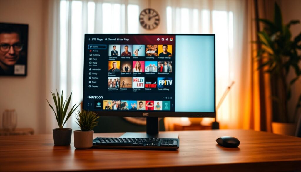 A modern IPTV player interface displayed on a sleek Windows desktop, showcasing its features like a user-friendly menu, channel selection, and streaming options. The foreground features a high-resolution monitor with a vibrant IPTV player window open, highlighting colorful thumbnails of shows and movies. In the middle ground, a stylish desk setup includes a wireless keyboard and mouse, and a small potted plant for a touch of greenery. The background softly fades into a cozy home office environment with warm ambient lighting, creating a relaxed atmosphere perfect for streaming. The angle captures the screen at a slight tilt to emphasize the interface, while the overall mood is inviting and tech-savvy, illustrating the benefits and features of using an IPTV player on Windows. A modern IPTV player interface displayed on a sleek Windows desktop, showcasing its features like a user-friendly menu, channel selection, and streaming options. The foreground features a high-resolution monitor with a vibrant IPTV player window open, highlighting colorful thumbnails of shows and movies. In the middle ground, a stylish desk setup includes a wireless keyboard and mouse, and a small potted plant for a touch of greenery. The background softly fades into a cozy home office environment with warm ambient lighting, creating a relaxed atmosphere perfect for streaming. The angle captures the screen at a slight tilt to emphasize the interface, while the overall mood is inviting and tech-savvy, illustrating the benefits and features of using an IPTV player on Windows.
