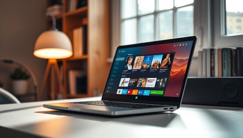 A modern IPTV player interface displayed on a sleek Windows laptop screen, nestled on a minimalist desk. In the foreground, the laptop features a vibrant, clear IPTV application open, showcasing colorful streaming options and a user-friendly layout. The middle ground displays a cozy workspace with a stylish desk lamp casting warm, ambient lighting, enhancing the inviting atmosphere. The background hints at a well-organized bookshelf, providing a sense of professionalism and focus. Soft shadows create a gentle contrast, highlighting the technological theme. The scene embodies a mood of efficiency and comfort, making it perfect for first-time users looking to navigate their IPTV experience smoothly. The angle captures the screen at a slight tilt for dynamic perspective, emphasizing usability and design.