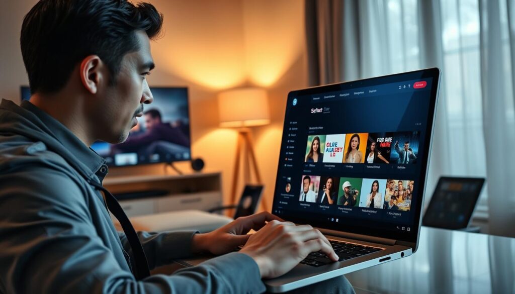 A modern IPTV stream player interface displayed on a sleek Windows desktop, showcasing various features such as live streaming options, a user-friendly menu, and vibrant thumbnails of available channels. In the foreground, a professional individual in business attire is seen using a laptop, focused on the screen with a look of concentration. The middle layer includes a subtle reflection of additional devices like a smart TV and a tablet, emphasizing multi-device compatibility. The background features a cozy living room ambiance with soft lighting from a lamp, creating a warm and inviting mood. Use a slightly angled perspective to enhance depth, with a focus on the clarity of the interface and the user’s engagement. The scene captures an innovative and efficient entertainment experience.