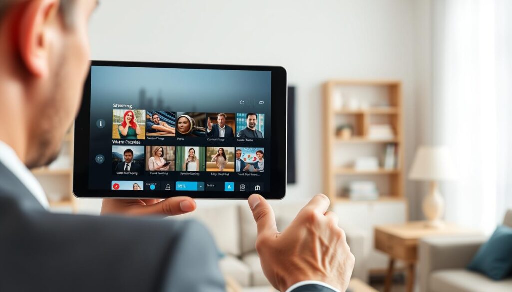A modern and intuitive user interface of an Android IPTV player displayed on a sleek tablet, set against a softly blurred living room background. In the foreground, a user interacts with the device, showcasing a focused expression while dressed in professional business attire. The screen shows various streaming options with vibrant, engaging thumbnails. Soft, natural lighting illuminates the scene, enhancing a relaxed yet high-tech atmosphere. The angle is slightly over the shoulder of the user, capturing both their engagement and the screen's interface. The mood conveys ease of use and accessibility, reflecting the importance of user experience and usability in contemporary technology.