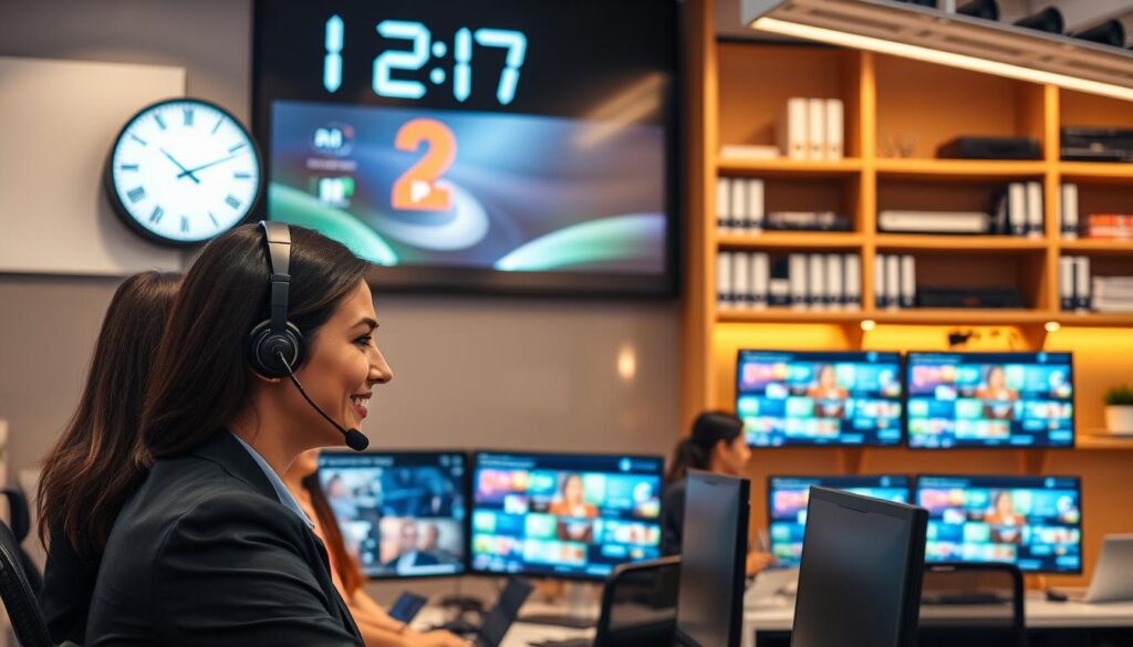 A modern and inviting customer support center for IPTV services, featuring a diverse group of professional staff in business attire. In the foreground, a friendly customer service representative is engaged in a video call with a client, showcasing a high-tech headset and a computer monitor displaying IPTV content. The middle layer includes a bright, well-organized workspace with screens showing various IPTV channels and service options, illuminated by soft, warm lighting to create a welcoming atmosphere. In the background, a large digital clock displays the time, emphasizing 24/7 support, while shelves lined with technical manuals and service guides add to the professional environment. The overall mood is one of reliability, competence, and customer care, perfectly capturing the essence of uninterrupted service and support.