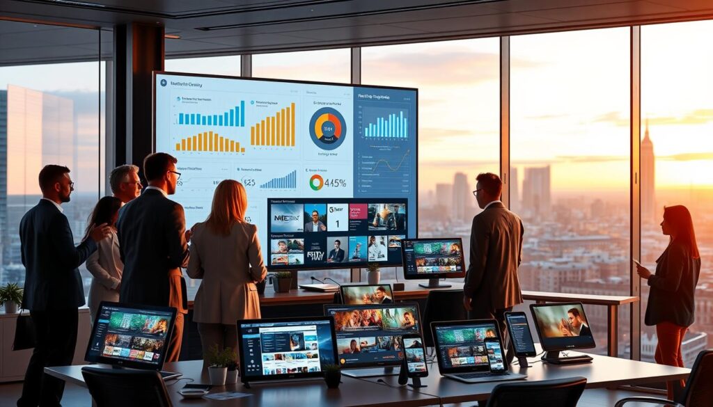 A modern and sleek digital workspace scene depicting a market analysis for IPTV apps in Germany. In the foreground, a diverse group of professionals, dressed in smart casual business attire, huddle around a large touchscreen display showcasing graphs and user data analytics. In the middle, an array of digital devices, including smart TVs and tablets, display various IPTV app interfaces, emphasizing user needs and preferences. In the background, a soft-focus city skyline of Germany at sunset, with warm lighting casting a professional and innovative atmosphere. The scene should evoke a sense of collaboration and technological advancement, with a clean and modern aesthetic.