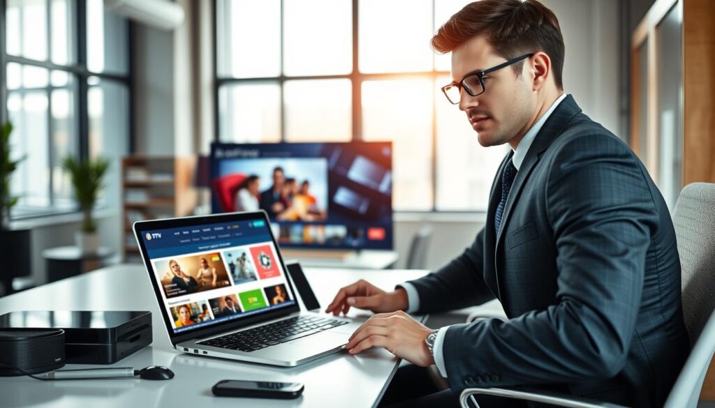 A modern and sleek digital workspace showcasing the IPTV subscription ordering process in Germany. In the foreground, a person in professional attire is sitting at a desk, confidently navigating a laptop displaying an attractive IPTV service website with a vibrant interface. The middle ground features various visual elements such as devices like a smart TV, tablet, and smartphone, symbolizing the versatility of IPTV. In the background, a contemporary office setting is visible with soft natural lighting filtering through large windows, creating a warm and inviting atmosphere. The overall mood is efficient and professional, emphasizing the simplicity and accessibility of ordering IPTV subscriptions in Germany.