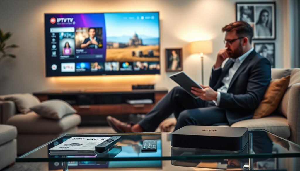 A modern and sleek living room setting designed for IPTV enthusiasts, featuring a large smart TV displaying a vibrant interface for an IPTV service. In the foreground, a stylish Android TV box sits on a glass coffee table, surrounded by remote control and user manuals. A cozy sofa with cushions invites relaxation. The middle layer showcases a person in business casual attire, carefully examining the IPTV box's specifications on a tablet while pondering its features. In the background, soft lighting creates a warm atmosphere, highlighting entertainment-related decor, like framed posters of classic films. The scene captures a blend of technical interest and comfortable living, evoking a sense of thoughtful investment in modern technology.