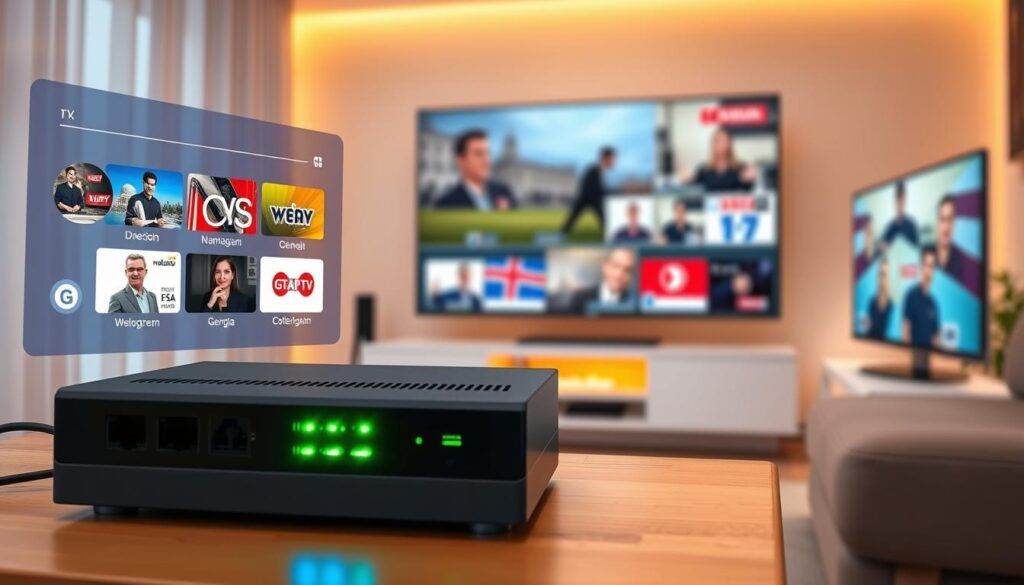 A modern, detailed illustration of an IPTV setup showcasing technical aspects and Georgian channels. In the foreground, a sleek, state-of-the-art digital interface with vibrant thumbnails displaying various Georgian channels, highlighting their unique programming. The middle ground features a stylish IPTV box with glowing LED indicators and connections visible — HDMI, Ethernet, and USB ports. The background displays a softly blurred living room setting with warm lighting and a large flat-screen TV displaying snippets of Georgian shows. The angle is slightly elevated to capture the entire setup. The atmosphere should feel inviting and tech-savvy, emphasizing the integration of modern technology in home entertainment.