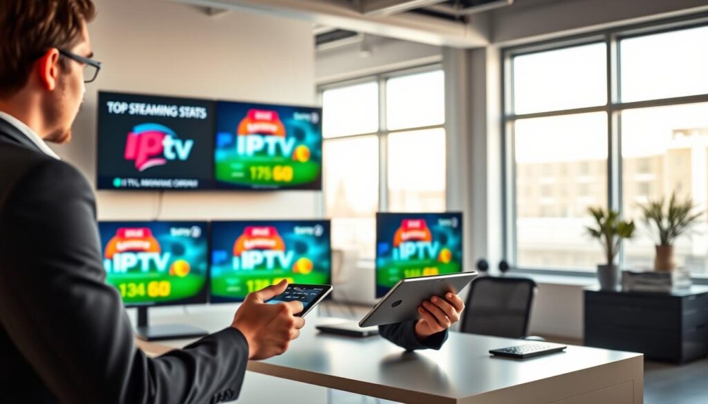 A modern digital workspace with a sleek desk featuring multiple monitors displaying vibrant IPTV logos and streaming stats, symbolizing top IPTV providers in Germany. In the foreground, a professional person in smart casual attire is reviewing content on a tablet, exuding concentration and confidence. The background showcases a minimalistic office with large windows letting in natural light, creating a bright and inviting atmosphere. The lighting is warm and soft, enhancing a productive mood. The overall composition reflects a sense of security and flexibility in streaming services, promoting a contemporary tech-savvy lifestyle. The angles are slightly angled to provide depth, while maintaining clarity around the focal subject.