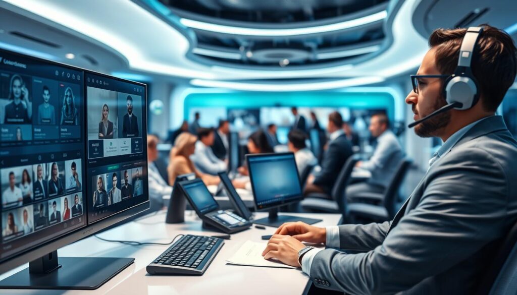 A modern, high-tech customer support environment for IPTV services in Italy. In the foreground, a professional support agent, dressed in smart business attire, is seated at a sleek desk with multiple monitors displaying streaming options and technical support tools. In the middle ground, a diverse group of customers interacts via video calls and chat interfaces, showing a collaborative atmosphere. The background features a dynamic, futuristic office space with soft blue and green lighting, evoking a sense of innovation and reliability. The scene conveys a mood of professionalism and accessibility, emphasizing the importance of support in the IPTV experience. The angle is slightly elevated, providing a comprehensive view of the workspace, enhancing the feeling of an active, engaging support center.