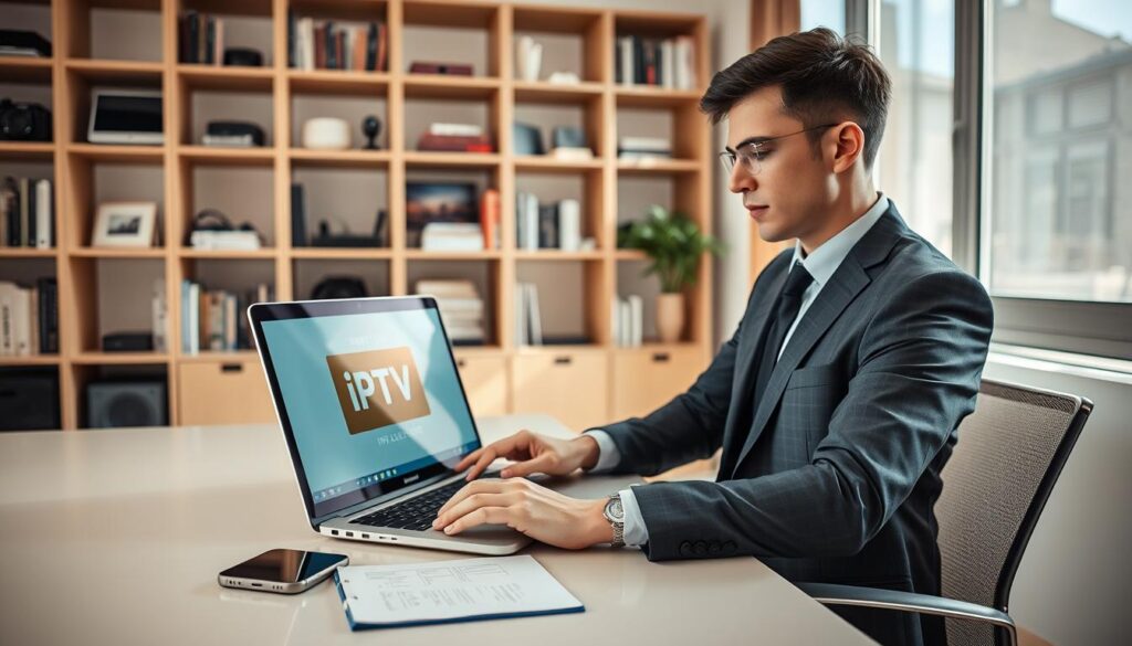 A modern home office scene featuring a person in professional business attire seated at a sleek desk, focused on installing an IPTV player on a Windows laptop. The foreground showcases the laptop with a clear screen displaying the IPTV player interface, along with a smartphone and a notepad with installation notes. In the middle ground, a stylish bookshelf filled with tech books and gadgets adds depth. The background features a window with natural light streaming in, illuminating the space and creating a warm, productive atmosphere. Use soft lighting to enhance the inviting mood. The angle should capture the tech-savvy ambiance, emphasizing the ease of use and installation process. A modern home office scene featuring a person in professional business attire seated at a sleek desk, focused on installing an IPTV player on a Windows laptop. The foreground showcases the laptop with a clear screen displaying the IPTV player interface, along with a smartphone and a notepad with installation notes. In the middle ground, a stylish bookshelf filled with tech books and gadgets adds depth. The background features a window with natural light streaming in, illuminating the space and creating a warm, productive atmosphere. Use soft lighting to enhance the inviting mood. The angle should capture the tech-savvy ambiance, emphasizing the ease of use and installation process.