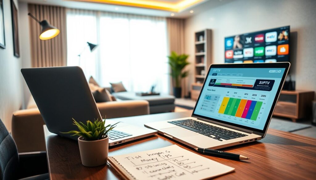 A modern home office scene, showcasing a professional individual, dressed in smart casual attire, seated at a sleek desk with a laptop open, analyzing streaming options for IPTV services. The foreground features a notepad and pen with scribbled notes on money-saving tips, while a colorful chart comparing IPTV prices is visible on the laptop screen. In the middle, a potted plant adds a touch of greenery, and a stylish lamp provides warm lighting, enhancing the productive atmosphere. The background reveals a cozy yet modern living room setup, with comfortable seating and a large TV displaying various streaming icons. The mood is focused and optimistic, emphasizing savvy shopping and intelligent choices in IPTV purchasing, with soft natural light coming through a nearby window.