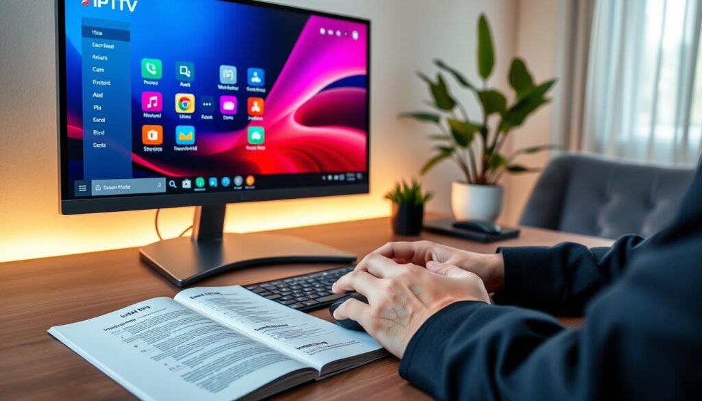 A modern home office setup featuring a detailed installation process of an IPTV Stream Player on a sleek Windows desktop. In the foreground, a close-up view focuses on a computer screen displaying the IPTV stream player interface with vivid colors and clear icons. A pair of hands in professional business attire is interacting with the mouse, highlighting the user-friendliness of the software. In the middle, a laptop with an open manual beside it, detailing installation steps, adding context to the installation process. The background showcases a well-organized workspace with soft, warm lighting that creates a welcoming atmosphere, and a potted plant for a touch of greenery. The overall mood is focused, conducive to learning and productivity, with an emphasis on technology and ease of use.