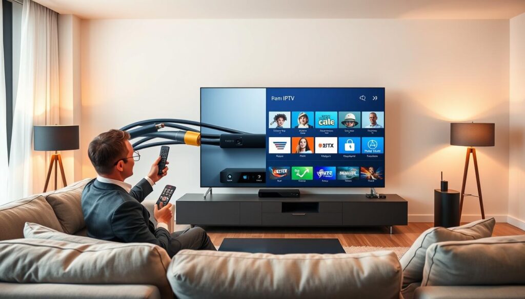 A modern, illustrative comparison of IPTV and cable TV in Germany. In the foreground, depict a sleek living room with a professional adult in business attire, sitting comfortably on a couch, holding a remote control and using a smart TV showcasing IPTV options. In the middle ground, a split screen presentation: one side featuring a traditional cable setup with familiar coaxial cables and a cable box, while the other side displays various IPTV features on the TV interface. The background shows a stylish, contemporary room with soft, warm lighting to create a welcoming atmosphere. Use a wide-angle lens perspective to emphasize the contrast between modern technology and conventional cable systems, highlighting the differences in experience.