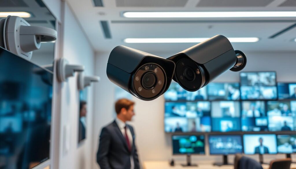 A modern indoor setting showcasing several IPTV security cameras mounted strategically on walls, capturing a clear view of a high-tech control room filled with monitors displaying real-time surveillance feeds. The foreground features two advanced compact cameras with sleek black designs, highlighting their lenses and infrared night vision capabilities. In the middle, technicians in professional attire are attentively monitoring the screens, their focus reflecting the importance of security. The background contains a subtle gradient of blues and grays, reinforcing a high-tech atmosphere. Soft, ambient lighting enhances the clarity of the camera details while adding a sense of professionalism to the scene. An overall feeling of security and vigilance permeates the image, emphasizing the essential role of technology in modern video surveillance.