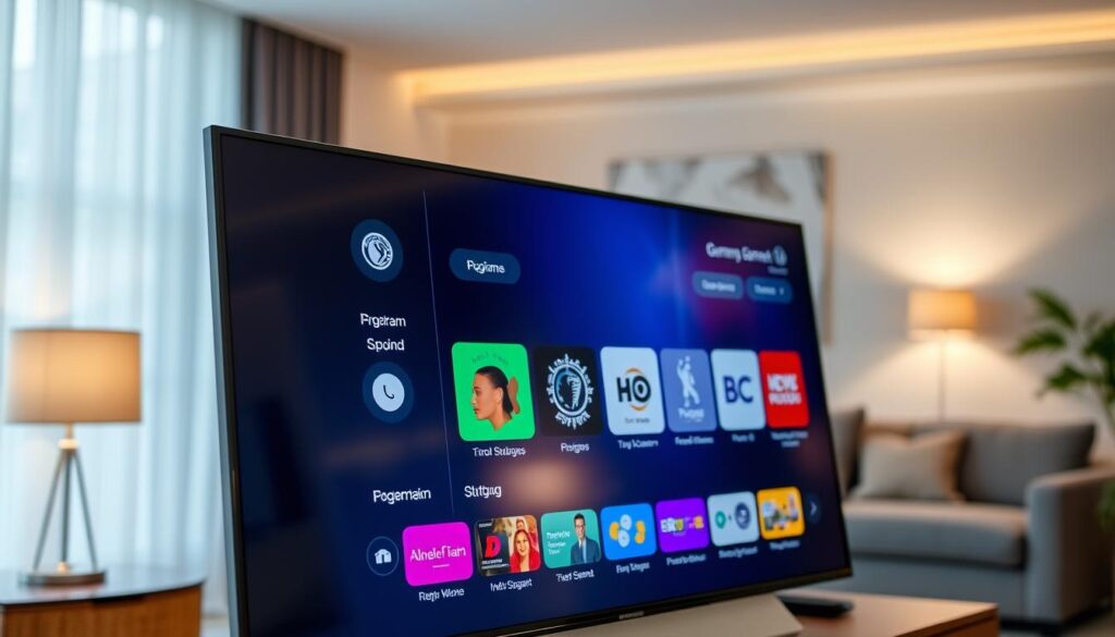 A modern, intuitive user interface for an IPTV navigation system, showcasing sleek on-screen menus and icons related to various German television channels. In the foreground, a high-resolution display features a vivid, colorful layout, with clear program listings and easy-to-navigate buttons. The middle ground includes subtle reflections on the screen, suggesting a high-tech environment, while the background fades into a soft-focus living room setting with cozy lighting. The atmosphere conveys ease of use and comfort, ideal for home entertainment. The scene is well-lit, emphasizing the clarity and vibrancy of the interface, shot from a slightly elevated angle to capture depth and user engagement. No text or logos are present, ensuring a clean and professional look.