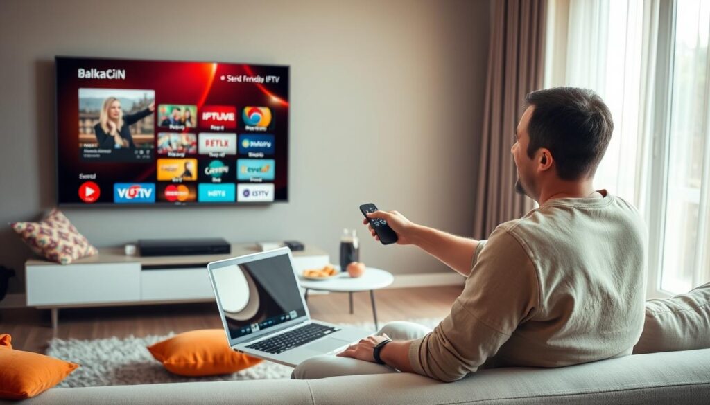 A modern, inviting living room setup, featuring a sleek TV displaying a user-friendly IPTV interface, showcasing Balkan channels. In the foreground, a person in modest casual clothing is joyfully setting up the IPTV on a remote control, with their laptop open beside them, displaying installation steps. The middle ground includes a stylish sofa, vibrant decorative cushions, and a small table with snacks, creating a homey atmosphere. The background displays a softly lit window with curtains, hinting at a sunny day outside, casting warm light throughout the room. The mood is relaxed and welcoming, emphasizing the simplicity of the IPTV setup experience. The image should be bright, with soft shadows and a focus on the interaction between the person and the technology. A modern, inviting living room setup, featuring a sleek TV displaying a user-friendly IPTV interface, showcasing Balkan channels. In the foreground, a person in modest casual clothing is joyfully setting up the IPTV on a remote control, with their laptop open beside them, displaying installation steps. The middle ground includes a stylish sofa, vibrant decorative cushions, and a small table with snacks, creating a homey atmosphere. The background displays a softly lit window with curtains, hinting at a sunny day outside, casting warm light throughout the room. The mood is relaxed and welcoming, emphasizing the simplicity of the IPTV setup experience. The image should be bright, with soft shadows and a focus on the interaction between the person and the technology.