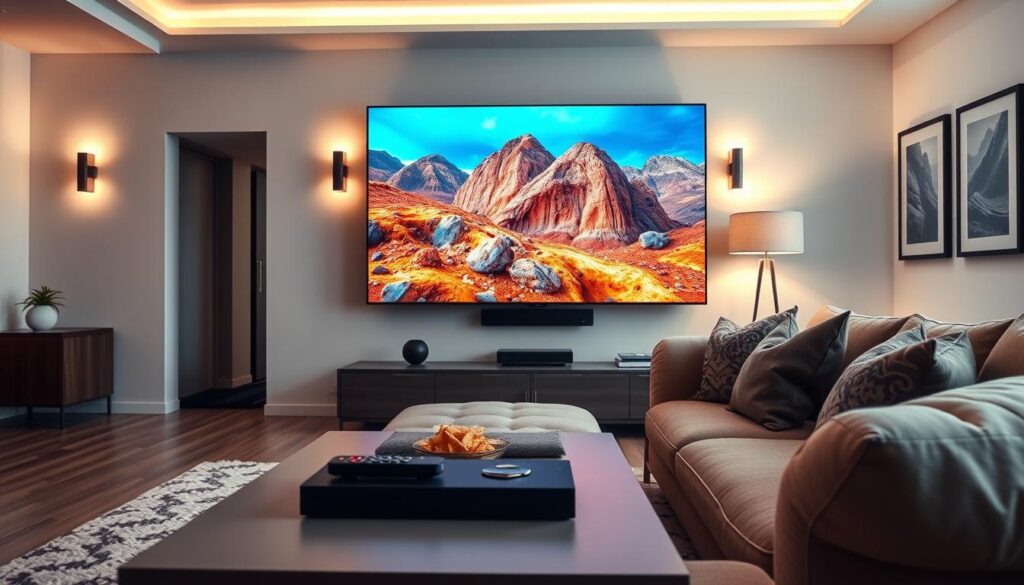 A modern living room designed for an optimal streaming experience, featuring a large, ultra-high-definition TV displaying vibrant visuals. In the foreground, a sleek coffee table holds a remote control and snacks. The middle ground shows a cozy sofa with stylish throw pillows, inviting viewers to relax while enjoying how immersive entertainment feels. The background is filled with soft ambient lighting, perhaps from a stylish lamp or wall sconces, creating a warm and inviting atmosphere. The walls are adorned with framed artwork, enhancing the contemporary vibe. The room's layout is open and airy, conveying a sense of comfort. Soft focus on the edges highlights the importance of quality streaming and viewer satisfaction, showcasing a blissful home entertainment experience.