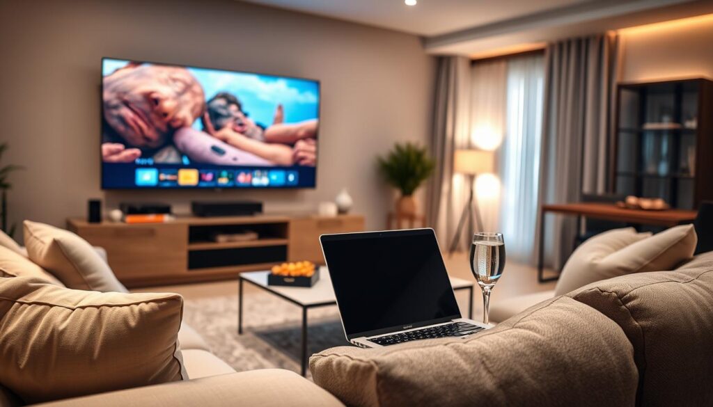 A modern living room designed for comfortable streaming, featuring a sleek IPTV player on a stylish entertainment center. In the foreground, a large, high-definition TV screen displays vibrant streaming content without visible logos or branding. A cozy couch with soft cushions and a coffee table with snacks creates a relaxed atmosphere. In the middle, a laptop opened next to a glass of water showcases an intuitive streaming interface. The background reveals a well-decorated room with subtle warm lighting, creating an inviting ambiance. Use a wide-angle lens to capture the entire scene, with soft focus on the edges to emphasize the IPTV player and streaming setup in the center. The overall mood should evoke a sense of security and comfort in legally compliant streaming. A modern living room designed for comfortable streaming, featuring a sleek IPTV player on a stylish entertainment center. In the foreground, a large, high-definition TV screen displays vibrant streaming content without visible logos or branding. A cozy couch with soft cushions and a coffee table with snacks creates a relaxed atmosphere. In the middle, a laptop opened next to a glass of water showcases an intuitive streaming interface. The background reveals a well-decorated room with subtle warm lighting, creating an inviting ambiance. Use a wide-angle lens to capture the entire scene, with soft focus on the edges to emphasize the IPTV player and streaming setup in the center. The overall mood should evoke a sense of security and comfort in legally compliant streaming.