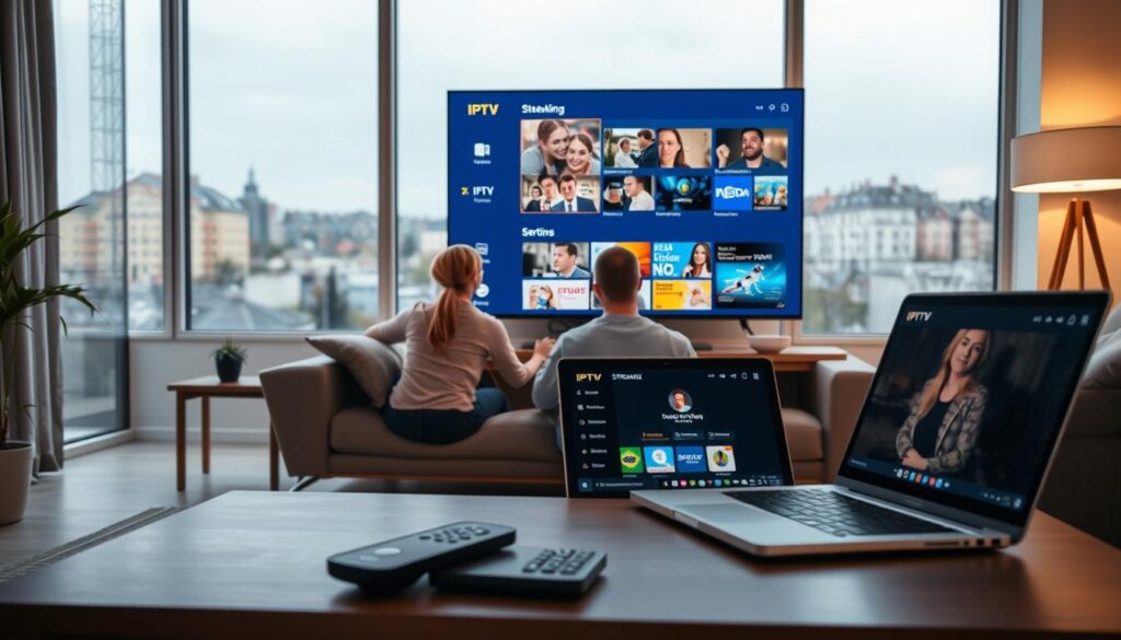 A modern living room featuring a large flat-screen TV displaying various IPTV streaming options. In the foreground, a stylish coffee table holds a sleek remote control and a laptop opened to a streaming service interface. The middle ground includes a comfortable sofa with a couple of people casually dressed, engrossed in their viewing experience. Soft, warm lighting from a nearby lamp adds a cozy atmosphere, highlighting the inviting environment. In the background, a window shows a view of a typical German cityscape, blending urban life with home entertainment. The overall mood is relaxed and family-friendly, conveying the practical use of IPTV links in Germany while maintaining a professional tone.
