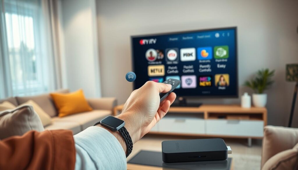 A modern living room featuring a sleek IPTV TV stick prominently displayed in the foreground near a stylish flat-screen TV. The background shows a cozy, well-decorated space with soft lighting creating a warm atmosphere. In the middle, various streaming applications' icons are artistically arranged around the TV screen, emphasizing features like personalized recommendations, parental controls, and easy navigational menus. A hand, clad in smart-casual attire, is seen utilizing a remote control, enhancing the sense of active engagement. Use a slightly elevated angle to capture the entire scene clearly, with soft-focus on the background to draw attention to the IPTV stick and its functionalities. Aim for a bright, inviting mood that reflects the essence of modern home entertainment technology.