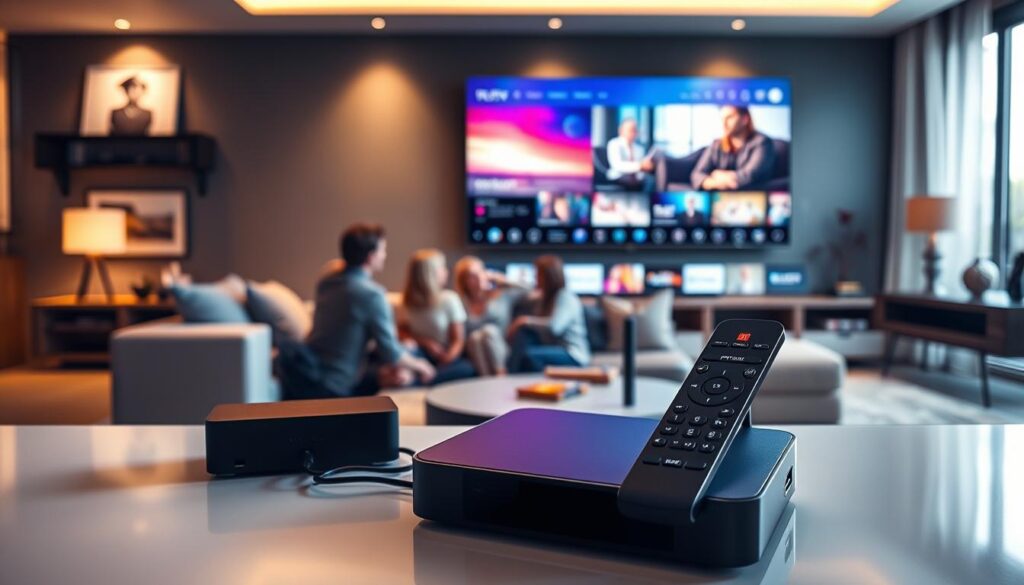 A modern living room featuring a sleek IPTV box connected to a large ultra-high-definition television displaying vibrant, detailed content in Full HD and UHD. The foreground shows the IPTV box with visible ports and an elegant remote control, while the middle ground has a cozy sofa with a few plush cushions, enhancing the inviting atmosphere. In the background, soft ambient lighting highlights the room's contemporary decor, with stylish artwork on the walls. The scene captures a family enjoying streaming content together, dressed in comfortable yet professional casual attire. The overall mood is warm and inviting, emphasizing advanced technology and the enjoyment of high-quality streaming entertainment.