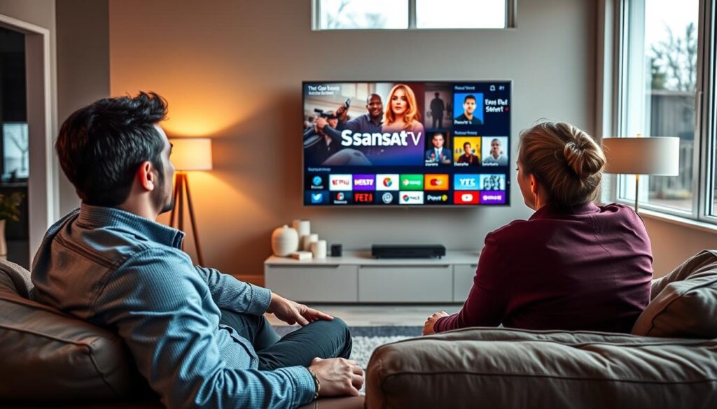 A modern living room featuring a sleek TV displaying the Sansat IPTV logo, surrounded by comfortable furniture. In the foreground, a couple in smart casual attire is enjoying a television show, displaying expressions of excitement and engagement. The middle of the scene focuses on the high-resolution screen, showcasing vibrant German channels with vivid colors. The background reveals a cozy home atmosphere, enhanced by warm lighting from stylish lamps, creating an inviting ambiance. Large windows allow natural sunlight to illuminate the space, casting soft shadows. The scene reflects a sense of comfort, modern technology, and quality entertainment, highlighting the benefits of choosing Sansat IPTV for German television.