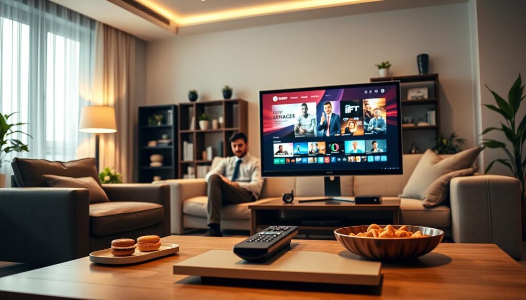 A modern living room featuring a sleek Windows computer setup displaying an IPTV player interface on the screen, showcasing vibrant streaming content. In the foreground, a stylish coffee table with a remote control and snacks, enhancing the cozy atmosphere. The middle ground includes a comfortable sofa with a person in professional attire, focused on the screen. Soft, warm lighting illuminates the space, creating an inviting ambiance, while the background reveals a bookshelf and indoor plants, adding a touch of tranquility. Use a dynamic angle, slightly tilted from above, to capture both the screen details and the serene atmosphere of the room, emphasizing the excitement of streaming high-quality IPTV content for the first time.
