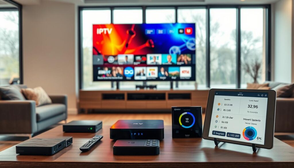A modern living room featuring a sleek large-screen television displaying vibrant IPTV channels in high-definition 8K quality. In the foreground, a stylish coffee table is equipped with smart devices like a streaming box, remote controls, and a tablet showcasing internet speed test results. The middle ground shows a comfortable sofa, adorned with plush cushions, indicating a cozy viewing experience. In the background, large windows allow natural light to flood the room, creating a warm atmosphere. Soft lighting highlights the technology, emphasizing the innovation of IPTV and internet service providers in Germany. The overall mood is informative and engaging, inviting viewers to consider the compatibility and speed of modern IPTV services. The angle is a slightly elevated view, showcasing the entire room harmoniously.