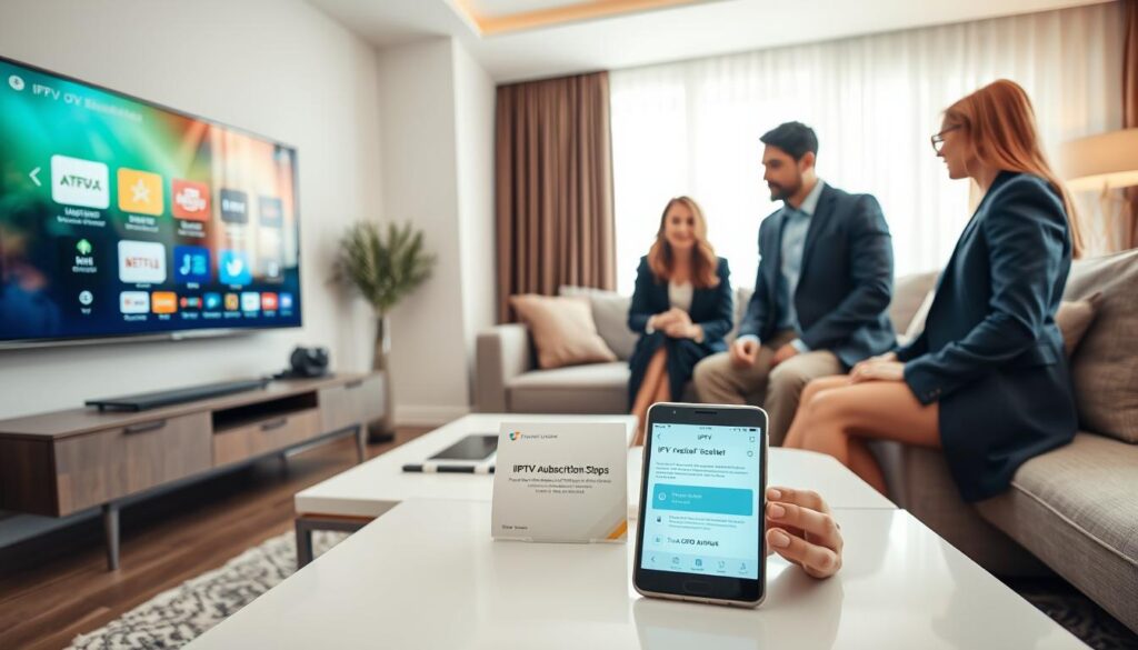 A modern living room featuring a sleek television displaying IPTV channels in high definition. In the foreground, a diverse group of three individuals—two men and one woman—are gathered around a coffee table, discussing IPTV activation steps, dressed in professional business attire. The middle ground includes a contemporary sofa and a stylish coffee table with an IPTV subscription pamphlet and a smartphone showing the activation process. The background has a window with soft natural light streaming in, illuminating the space, giving it a cozy and inviting atmosphere. The lens captures the scene at a slight angle, enhancing the dynamic feel of collaboration and excitement around streaming technology.