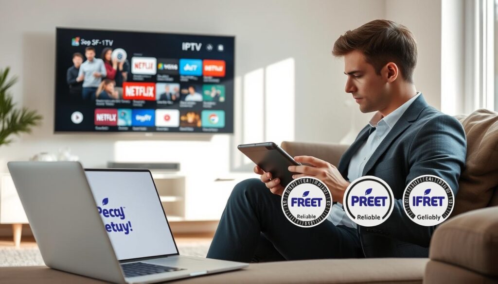 A modern living room featuring a sleek television displaying a streaming interface with various IPTV options. In the foreground, a well-dressed young professional, focused and engaged, is seated on a cozy couch, casually browsing through IPTV offerings on a tablet. The middle ground includes an open laptop with IPTV logos, symbolizing both free and reliable services. In the background, soft natural light streams through a window, creating a warm and inviting atmosphere. The overall mood is one of exploration and informative discovery, highlighting the concept of accessing legal IPTV options in Germany. No text or annotations are present.