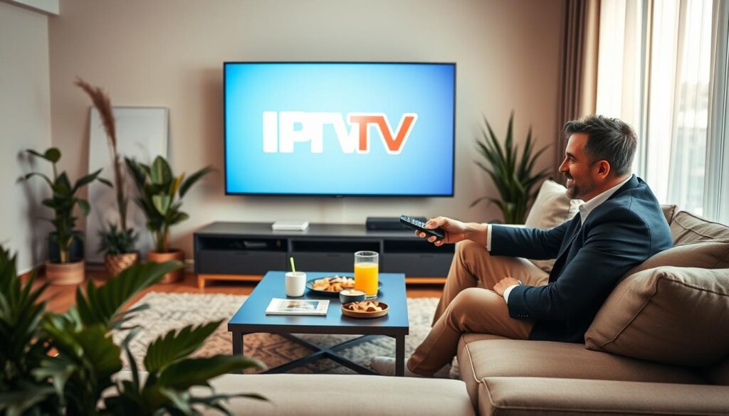 A modern living room featuring a stylish flat-screen television displaying the logo of "IPTV TV TOTV." In the foreground, a person in smart casual attire sits comfortably on a contemporary sofa, engaging with the TV remote, showcasing an expression of satisfaction and intrigue. The middle ground includes a sleek coffee table with snacks and drinks, surrounded by plants creating a cozy environment. The background shows soft, warm lighting from a large window, suggesting a bright, sunny day outside. The overall atmosphere conveys a sense of relaxation and enjoyment, highlighting personal experiences with IPTV services in a homely yet modern setting. The composition is well-balanced, focusing on the interaction with the TV and the comfort of the living space.
