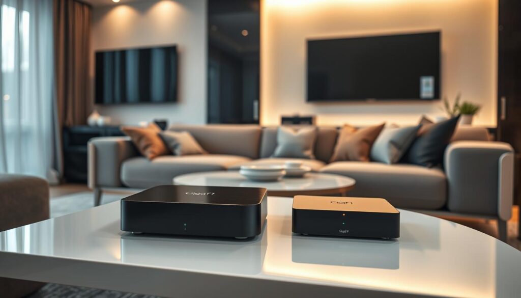 A modern living room featuring the GigaTV Home Box and Sound Box prominently displayed on a sleek coffee table. In the foreground, the devices are elegantly arranged, showcasing their contemporary design with clean lines and a glossy finish. The middle ground includes a plush sofa with decorative pillows, creating a cozy atmosphere. In the background, a large flat-screen television is mounted on the wall, with soft ambient lighting illuminating the space for a warm and inviting feel. The scene is captured in a wide-angle view, enhancing the layout of the room, with natural light filtering through sheer curtains. The overall mood is relaxed and tech-savvy, reflecting a perfect setting for enjoying IPTV services.