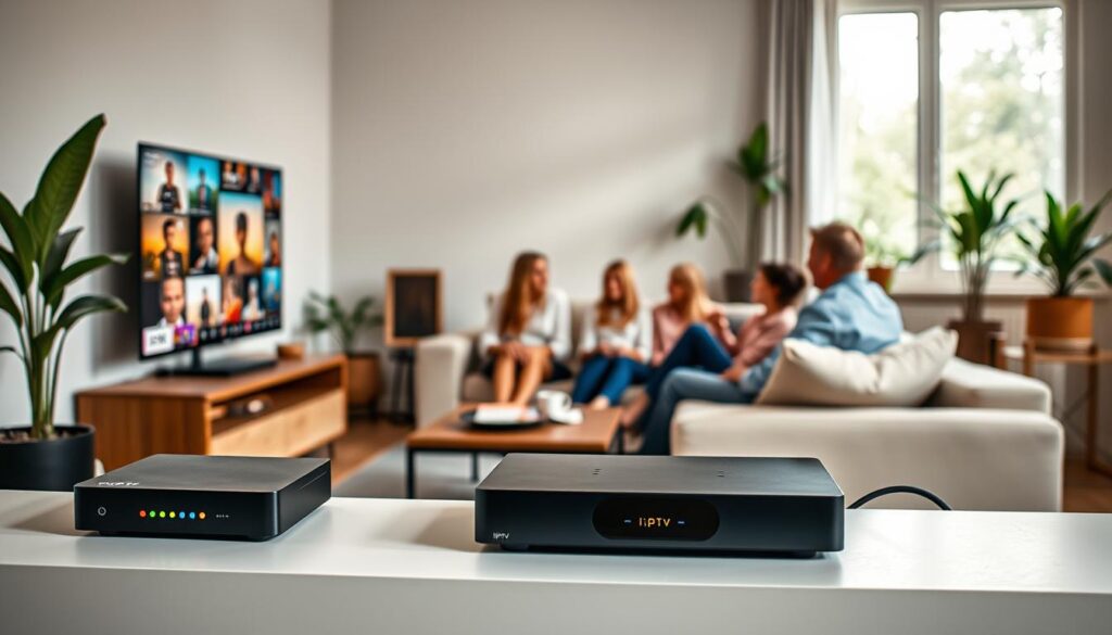A modern living room in Germany featuring a sleek IPTV box connected to a large flat-screen TV. In the foreground, the IPTV box is elegantly displayed on a minimalist shelf, with colorful LED lights indicating its active status. The middle ground showcases a cozy couch where a family of four—dressed in casual but stylish clothing—are enjoying a variety of content on the screen, demonstrating the versatility of IPTV. The background includes a window with natural light streaming in and potted plants, creating a warm and inviting atmosphere. The overall mood is relaxed and engaging, highlighting home entertainment's future in 2026. Use a wide-angle lens to capture the entire scene with soft, diffused lighting for a welcoming ambiance.